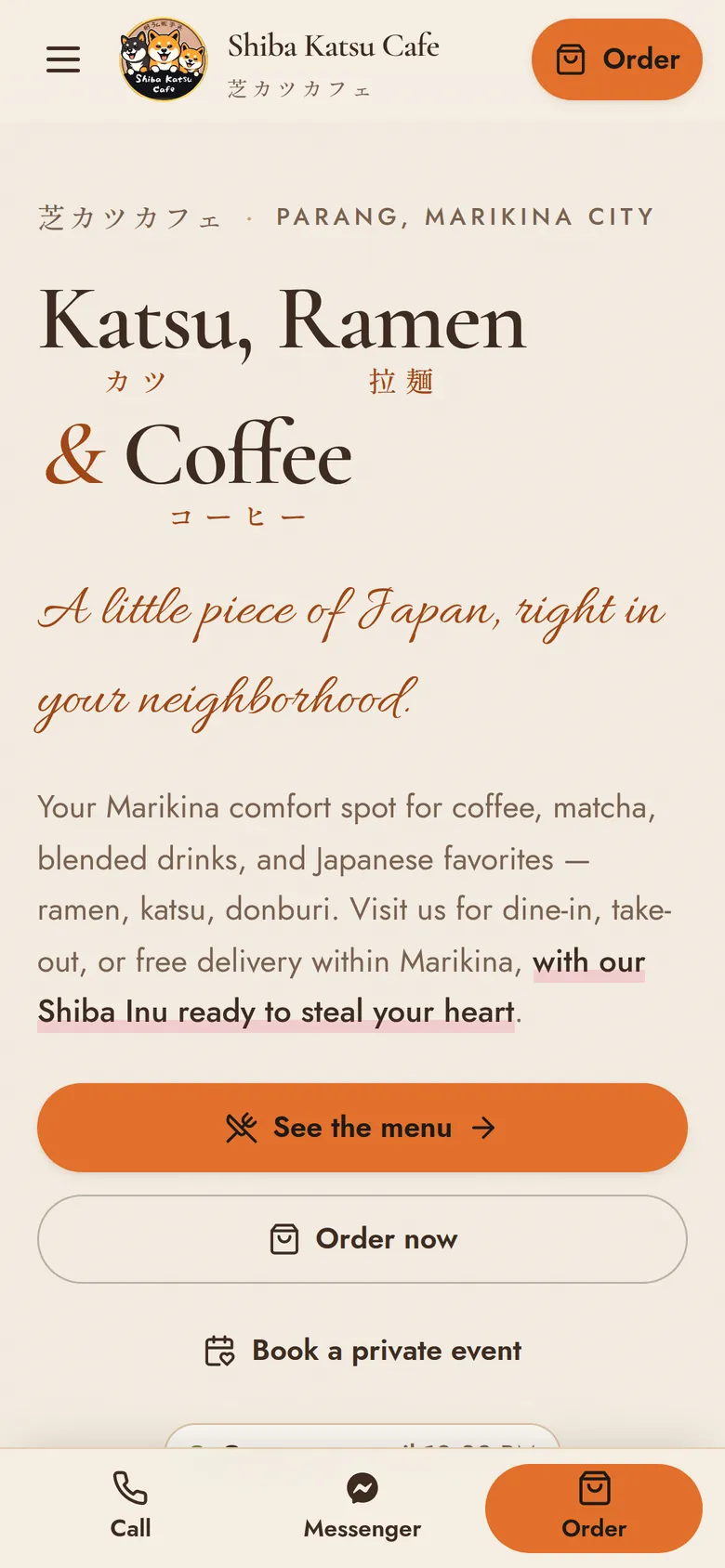 Shiba Katsu Cafe's home page on a phone